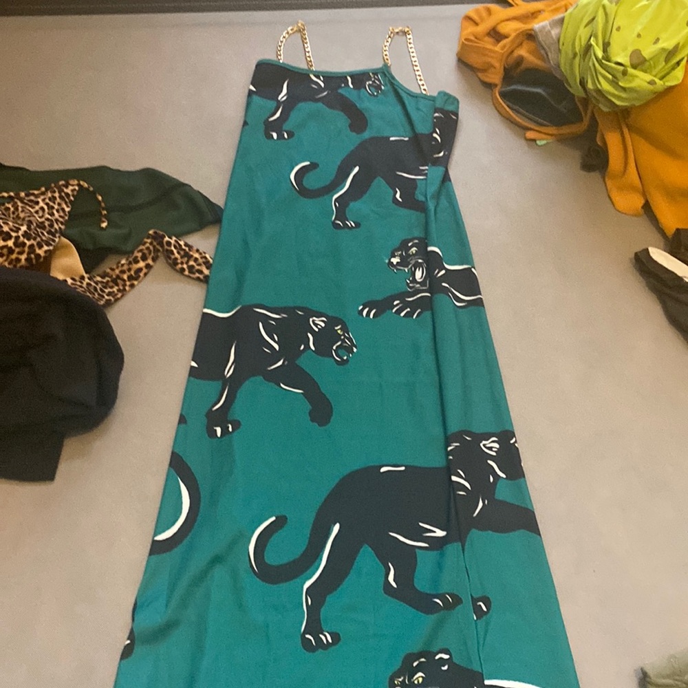 Blushmark green and black panther dress with gold chain straps